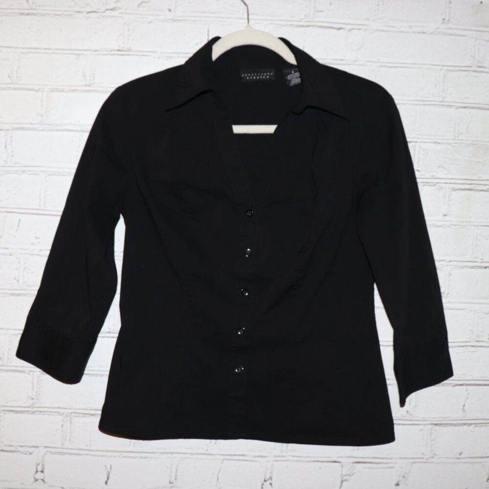 🖤✨ Apostrophe Stretch Black Button‑Up Blouse · Women’s Size 2 · 3/4 Sleeve